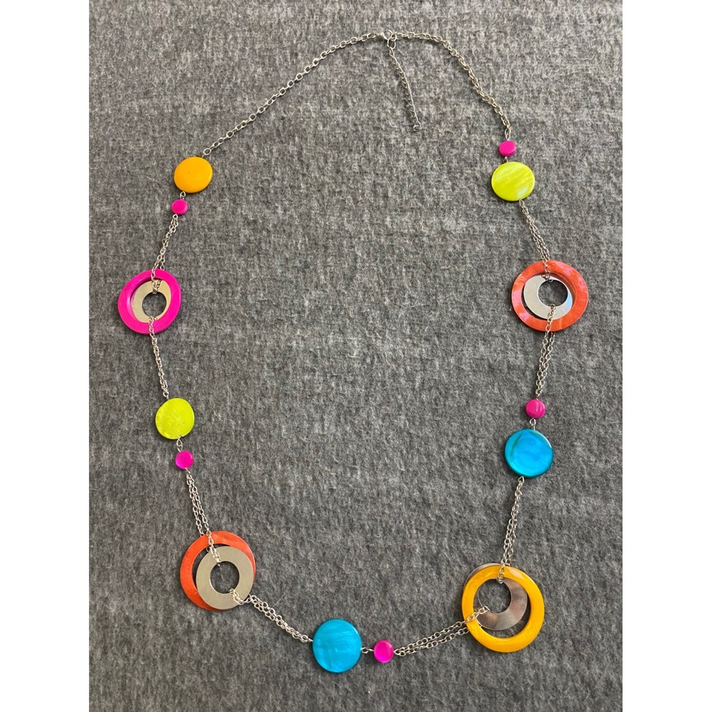 Multi Color Circle Station Necklace Silver Tone Adjustable Long Chain Bright
